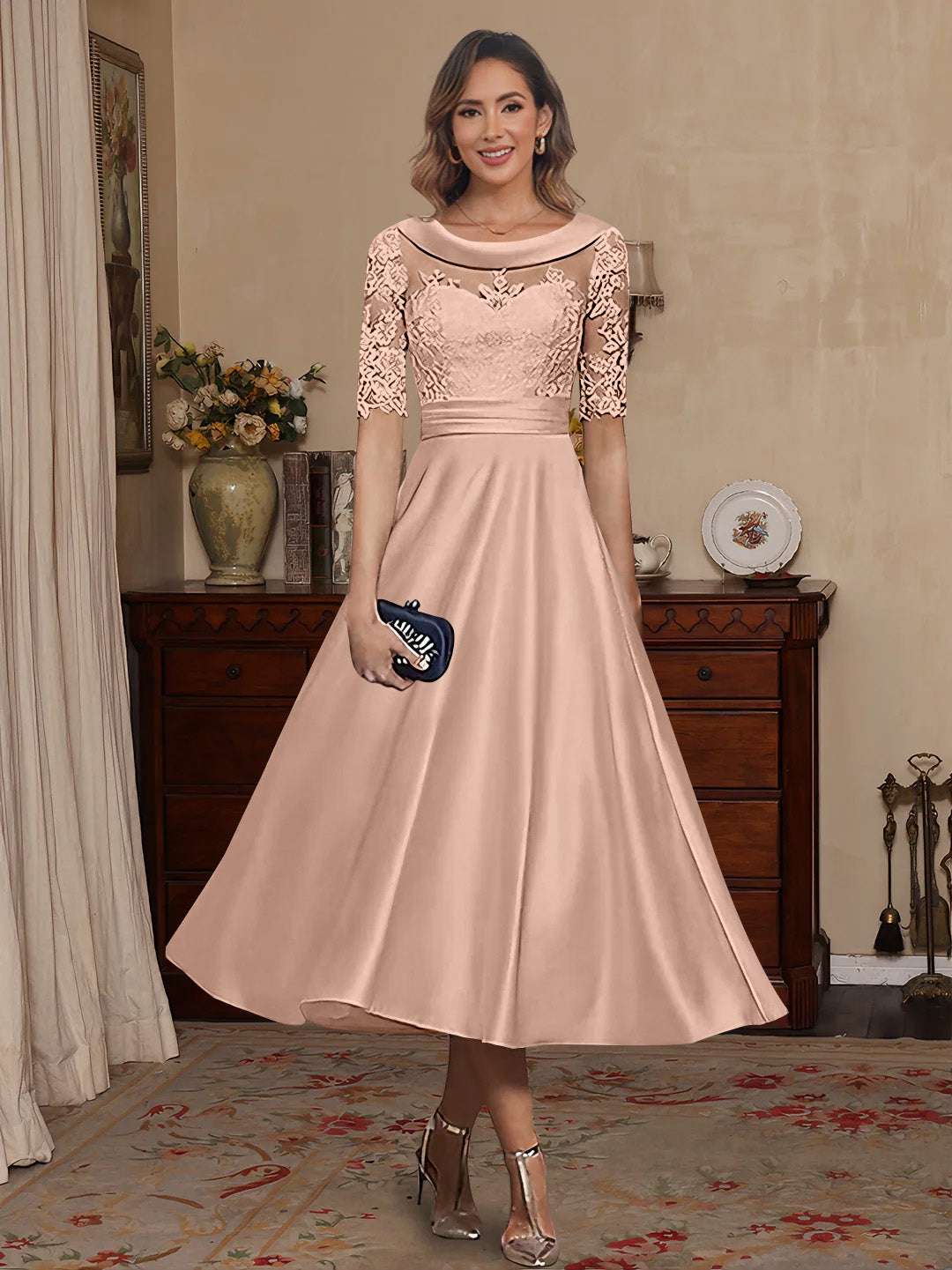 A-Line/Princess Scoop Satin Mother of the Bride Dresses Lace Half Sleeves Tea-Length Dark Red