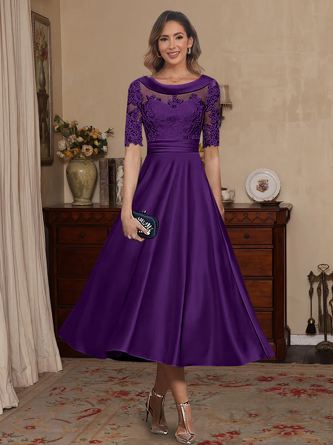 A-Line/Princess Scoop Satin Mother of the Bride Dresses Lace Half Sleeves Tea-Length