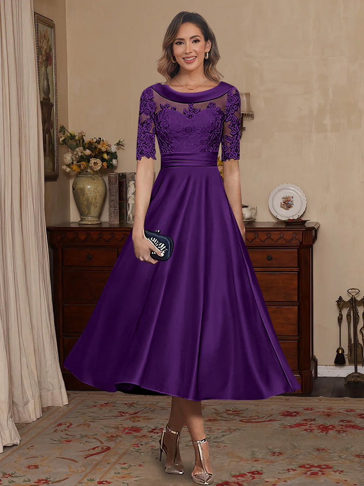A-Line/Princess Scoop Satin Mother of the Bride Dresses Lace Half Sleeves Tea-Length
