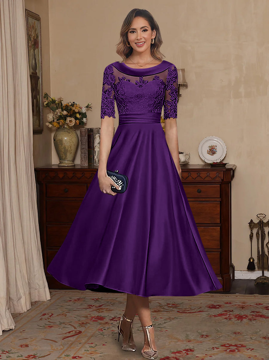 A-Line/Princess Scoop Satin Mother of the Bride Dresses Lace Half Sleeves Tea-Length