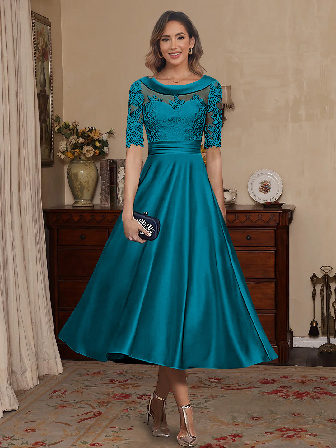 A-Line/Princess Scoop Satin Mother of the Bride Dresses Lace Half Sleeves Tea-Length Emerald Green
