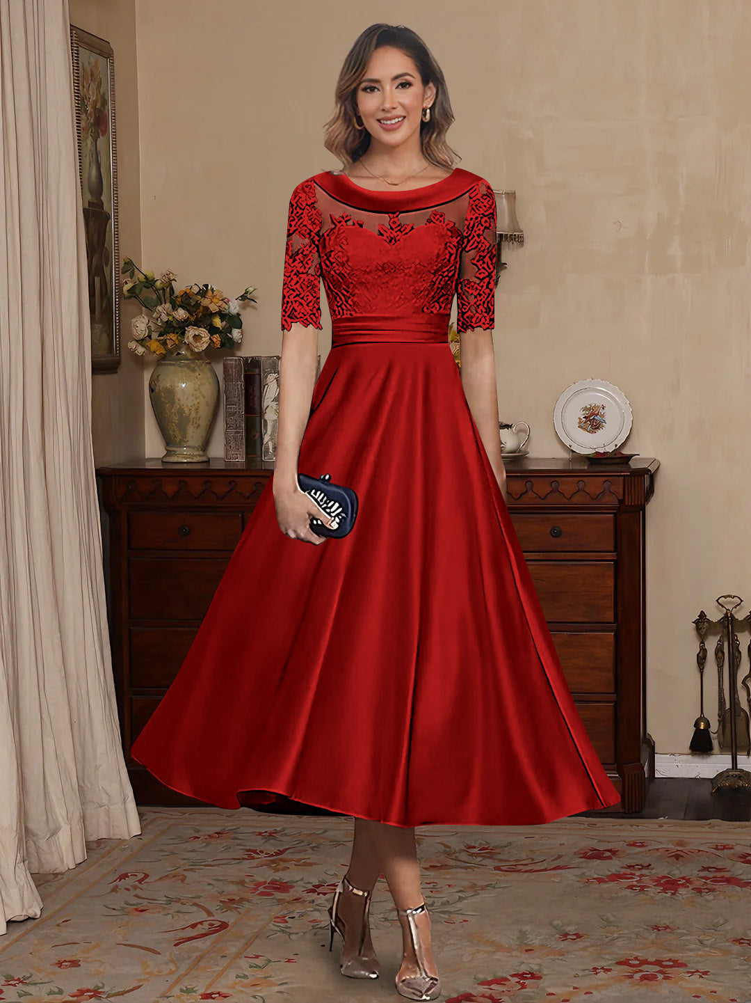 A-Line/Princess Scoop Satin Mother of the Bride Dresses Lace Half Sleeves Tea-Length