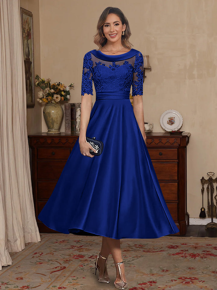 A-Line/Princess Scoop Satin Mother of the Bride Dresses Lace Half Sleeves Tea-Length