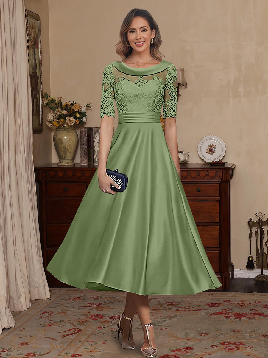 A-Line/Princess Scoop Satin Mother of the Bride Dresses Lace Half Sleeves Tea-Length