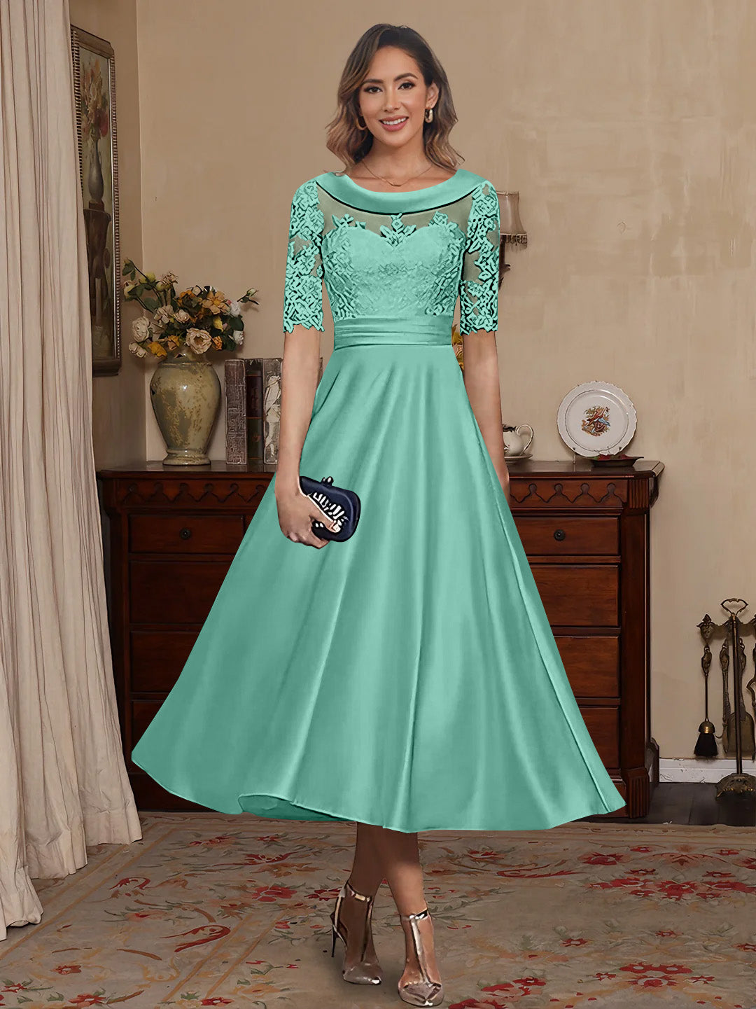 A-Line/Princess Scoop Satin Mother of the Bride Dresses Lace Half Sleeves Tea-Length Spa