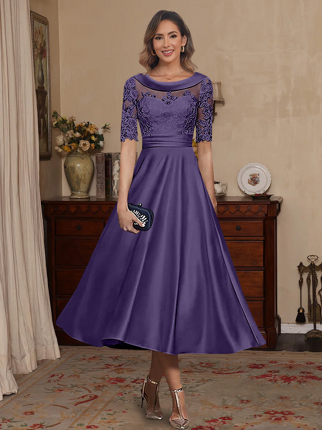 A-Line/Princess Scoop Satin Mother of the Bride Dresses Lace Half Sleeves Tea-Length Dark Royal Blue