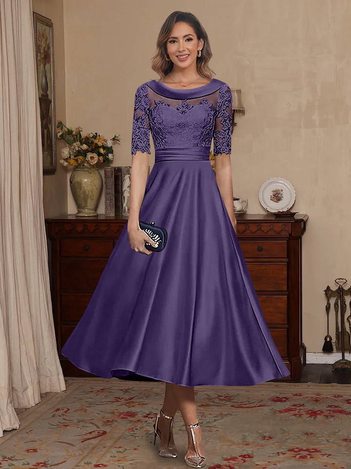 A-Line/Princess Scoop Satin Mother of the Bride Dresses Lace Half Sleeves Tea-Length