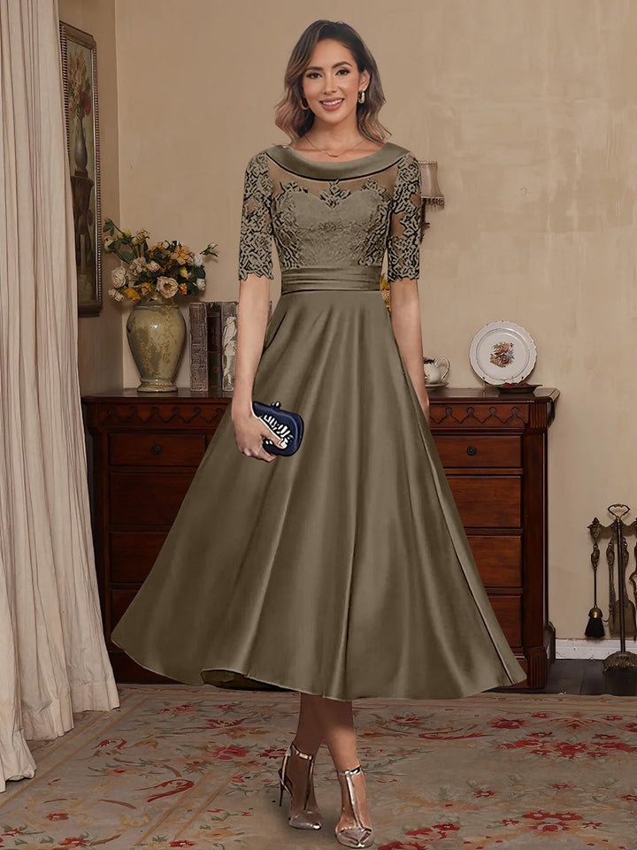 A-Line/Princess Scoop Satin Mother of the Bride Dresses Lace Half Sleeves Tea-Length