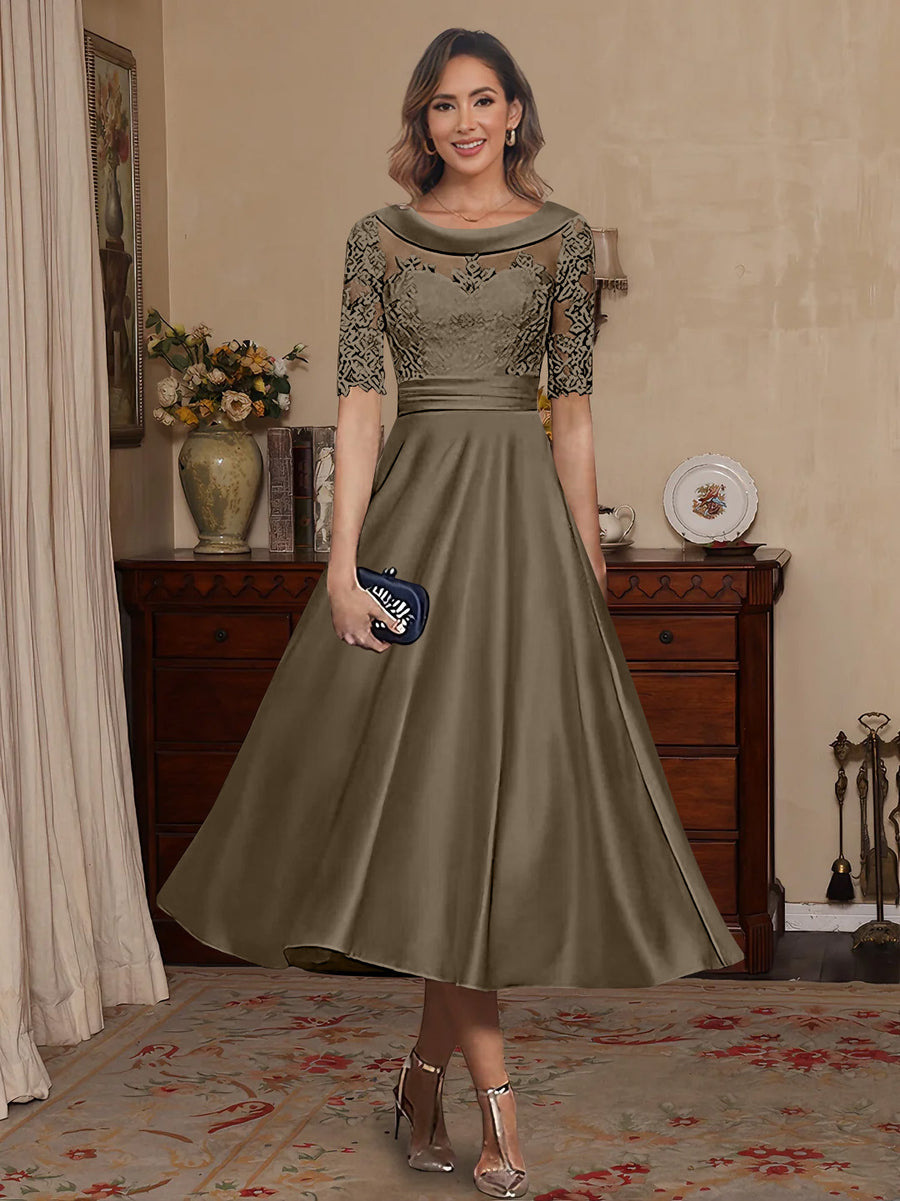 A-Line/Princess Scoop Satin Mother of the Bride Dresses Lace Half Sleeves Tea-Length