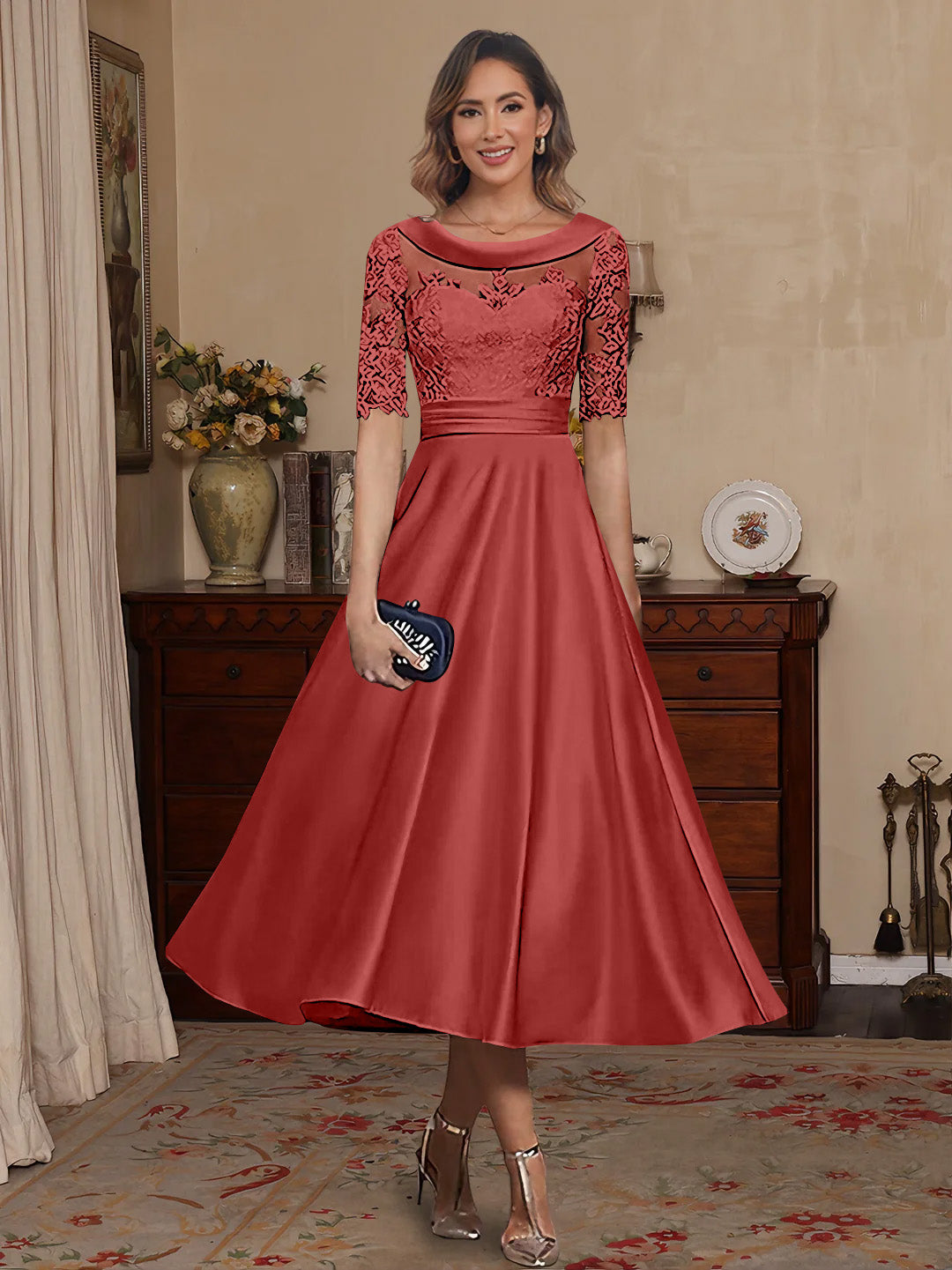 A-Line/Princess Scoop Satin Mother of the Bride Dresses Lace Half Sleeves Tea-Length