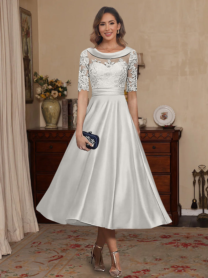 A-Line/Princess Scoop Satin Mother of the Bride Dresses Lace Half Sleeves Tea-Length