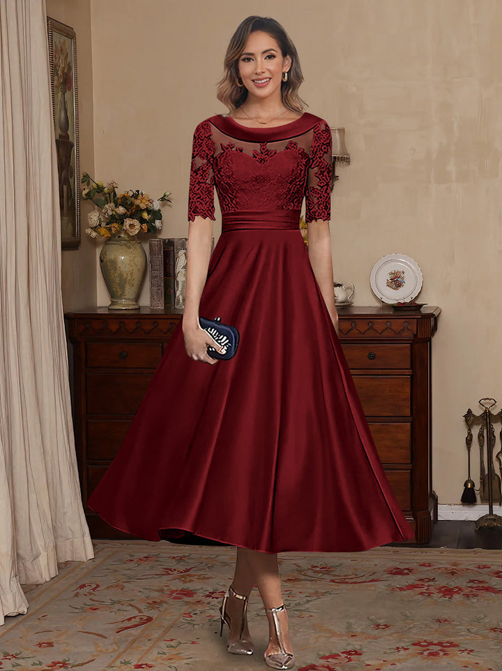 A-Line/Princess Scoop Satin Mother of the Bride Dresses Lace Half Sleeves Tea-Length