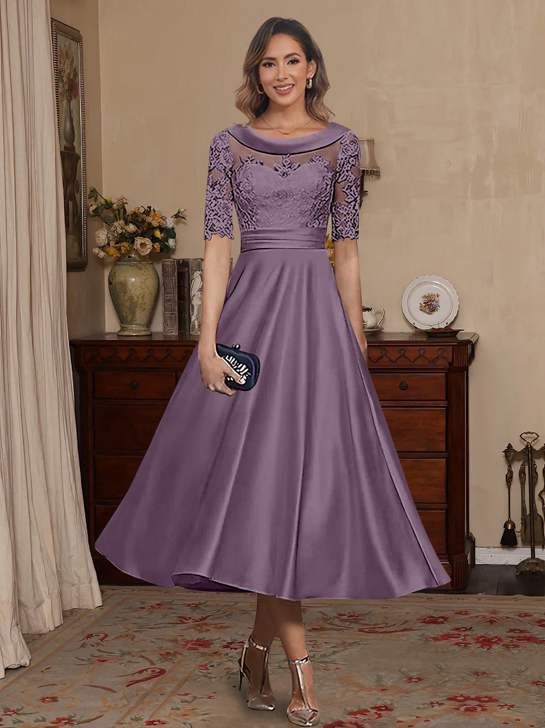 A-Line/Princess Scoop Satin Mother of the Bride Dresses Lace Half Sleeves Tea-Length