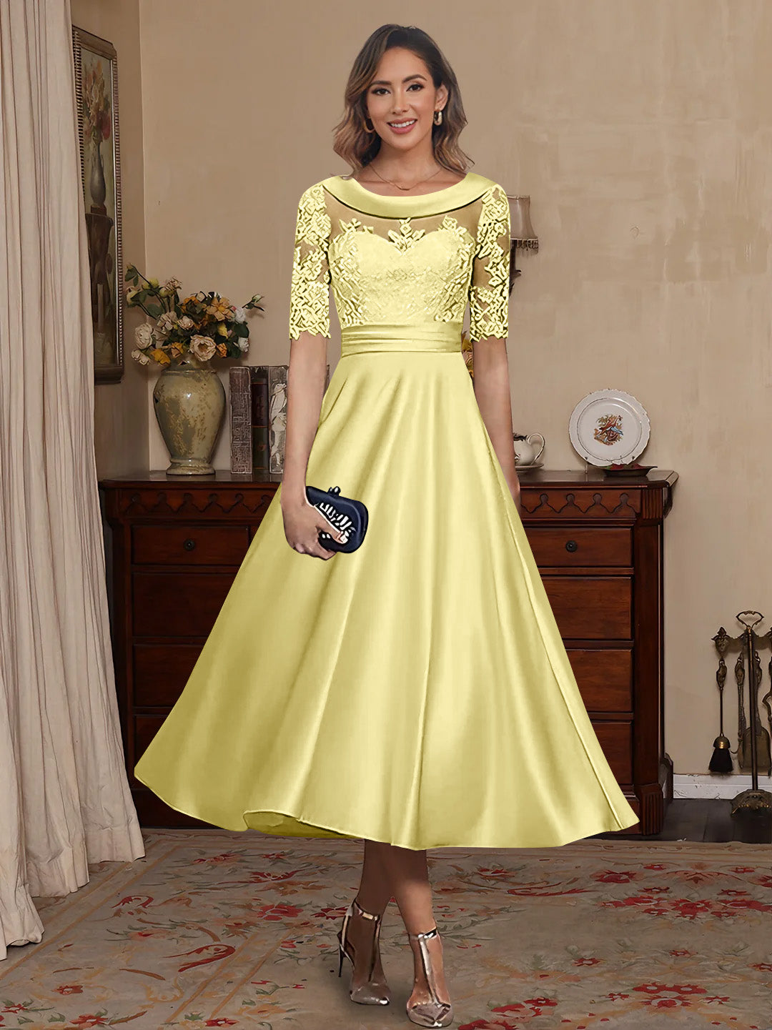 A-Line/Princess Scoop Satin Mother of the Bride Dresses Lace Half Sleeves Tea-Length Yellow