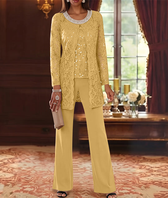 3 Pieces Chiffon Jewel Neck Mother of the Bride Pantsuits with Jacket Lace Ankle-Length Half Sleeves