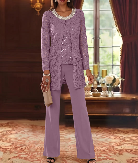 3 Pieces Chiffon Jewel Neck Mother of the Bride Pantsuits with Jacket Lace Ankle-Length Half Sleeves