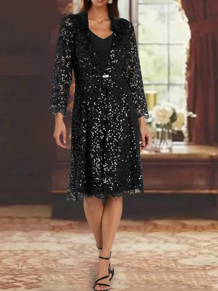 Sheath/Column Chiffon V-Neck Mother of the Bride Dresses with Sequins Jacket Knee-Length Long Sleeves Jade Sheath/Column Chiffon V-Neck Mother of the Bride Dresses with Sequins Jacket Knee-Length Long Sleeves Jade