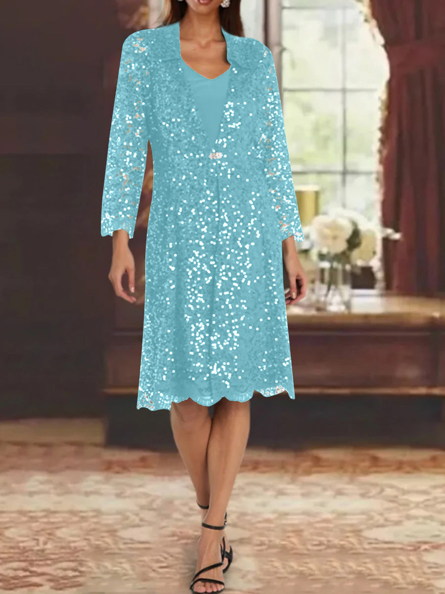 Sheath/Column Chiffon V-Neck Mother of the Bride Dresses with Sequins Jacket Knee-Length Long Sleeves