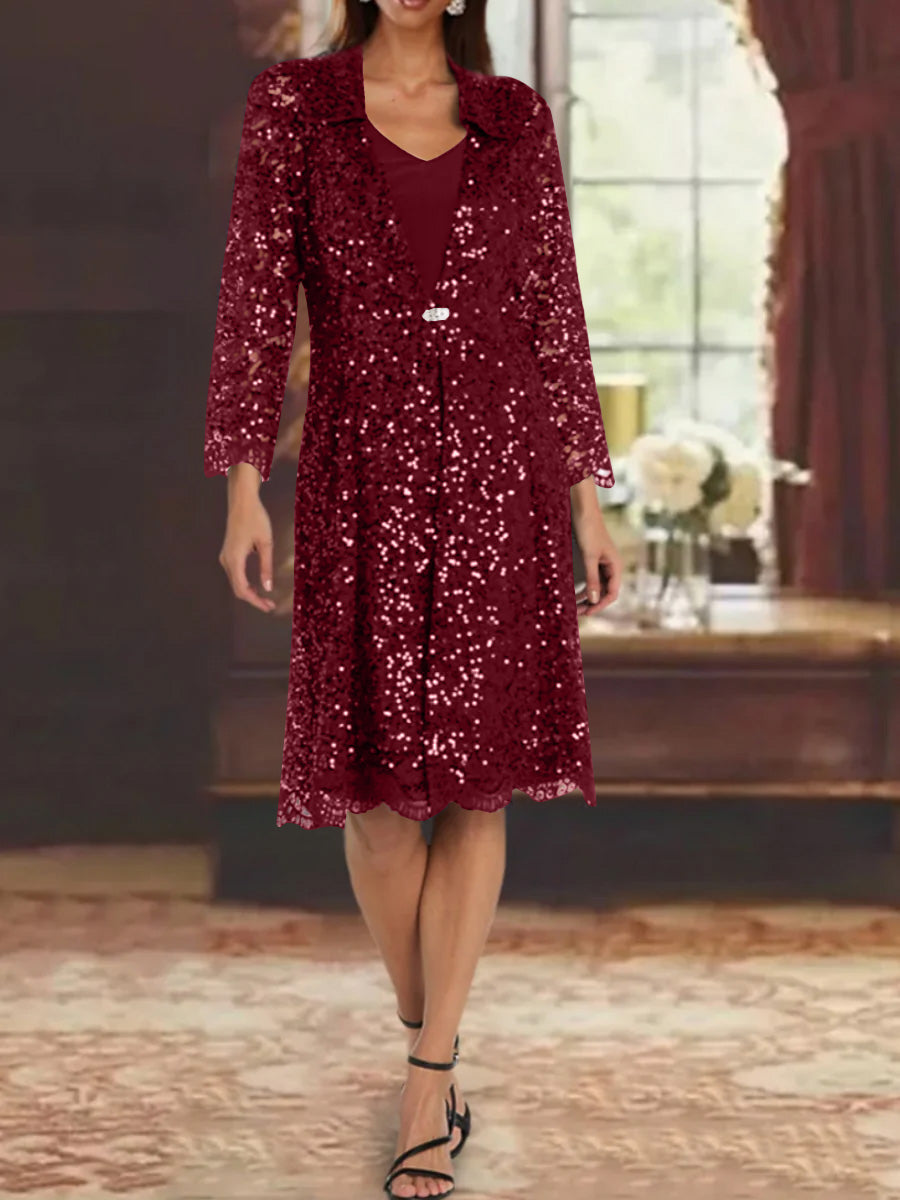 Sheath/Column Chiffon V-Neck Mother of the Bride Dresses with Sequins Jacket Knee-Length Long Sleeves
