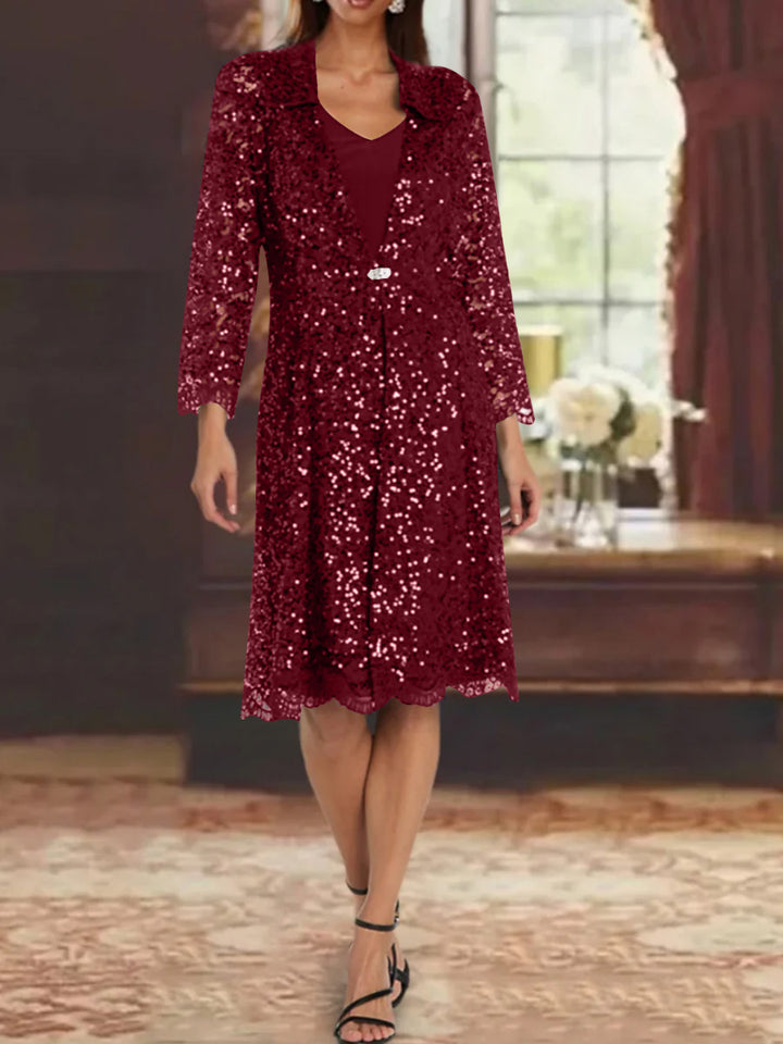 Sheath/Column Chiffon V-Neck Mother of the Bride Dresses with Sequins Jacket Knee-Length Long Sleeves