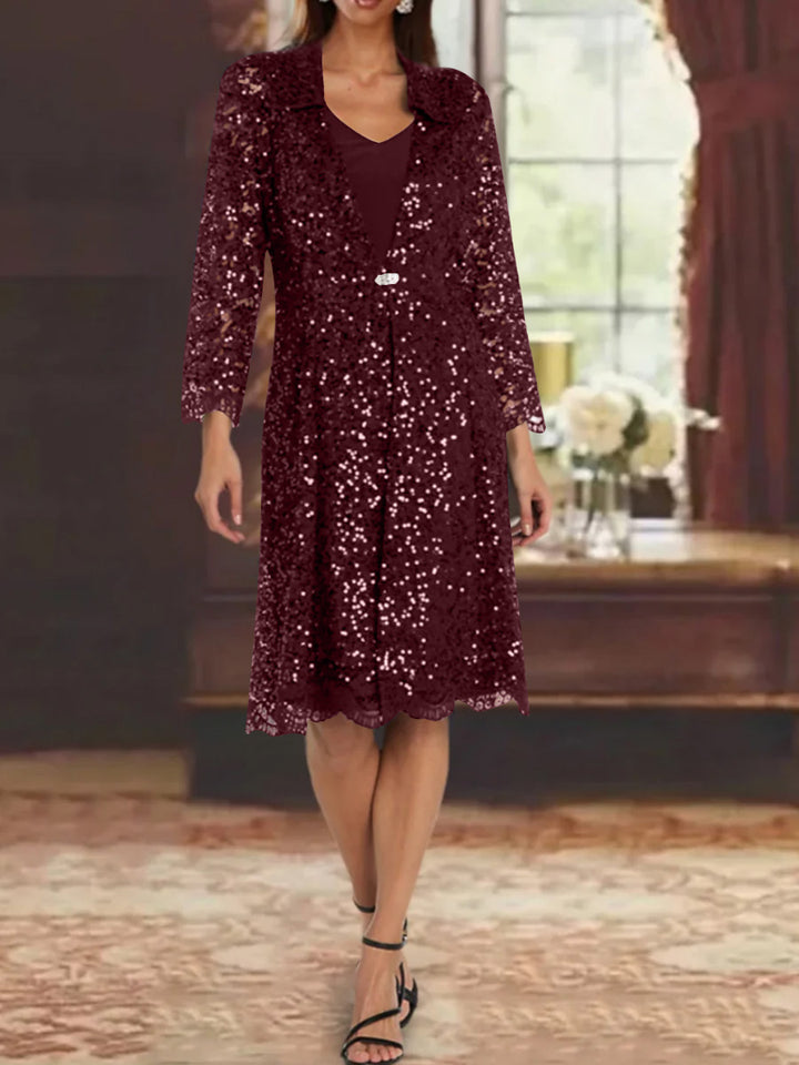 Sheath/Column Chiffon V-Neck Mother of the Bride Dresses with Sequins Jacket Knee-Length Long Sleeves