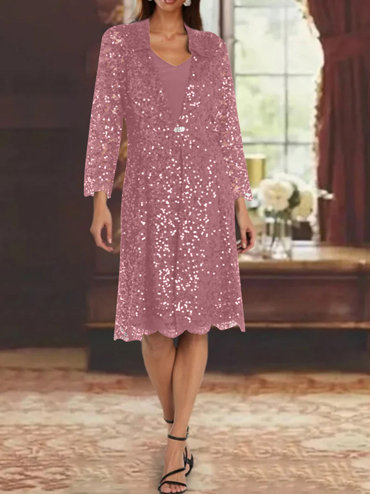 Sheath/Column Chiffon V-Neck Mother of the Bride Dresses with Sequins Jacket Knee-Length Long Sleeves