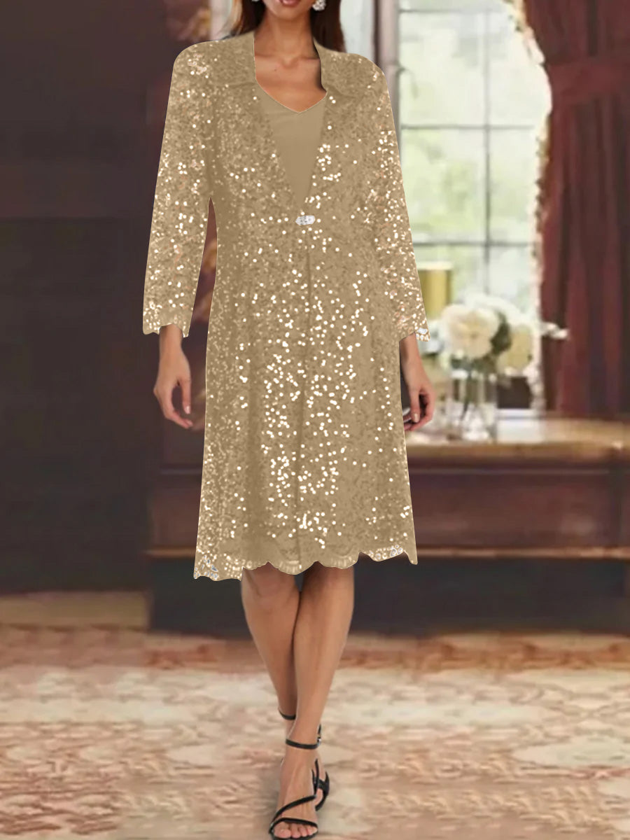 Sheath/Column Chiffon V-Neck Mother of the Bride Dresses with Sequins Jacket Knee-Length Long Sleeves