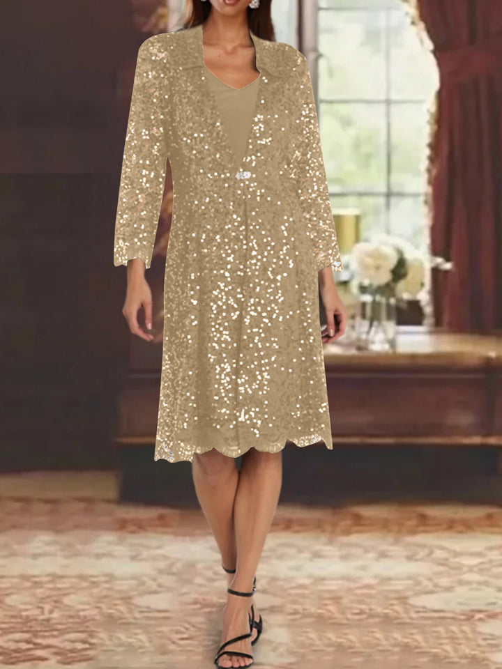 Sheath/Column Chiffon V-Neck Mother of the Bride Dresses with Sequins Jacket Knee-Length Long Sleeves