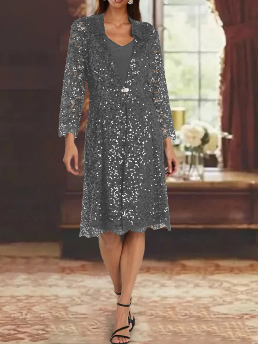 Sheath/Column Chiffon V-Neck Mother of the Bride Dresses with Sequins Jacket Knee-Length Long Sleeves Charcoal Gray Sheath/Column Chiffon V-Neck Mother of the Bride Dresses with Sequins Jacket Knee-Length Long Sleeves Charcoal Gray