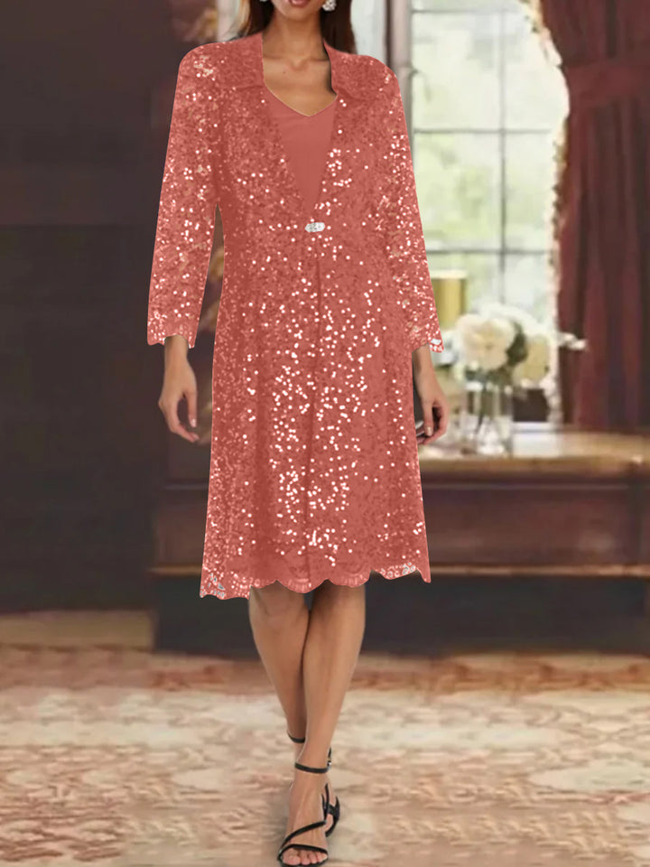 Sheath/Column Chiffon V-Neck Mother of the Bride Dresses with Sequins Jacket Knee-Length Long Sleeves