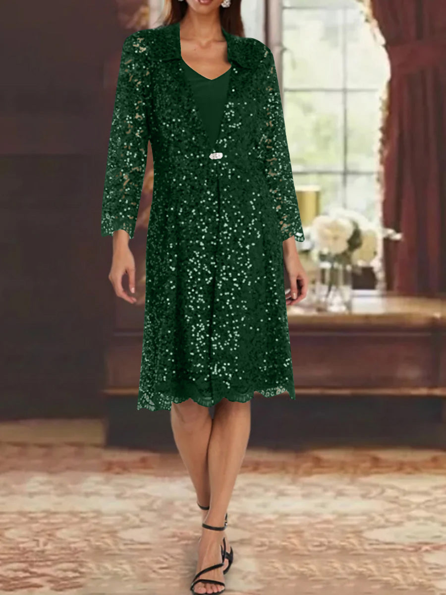 Sheath/Column Chiffon V-Neck Mother of the Bride Dresses with Sequins Jacket Knee-Length Long Sleeves