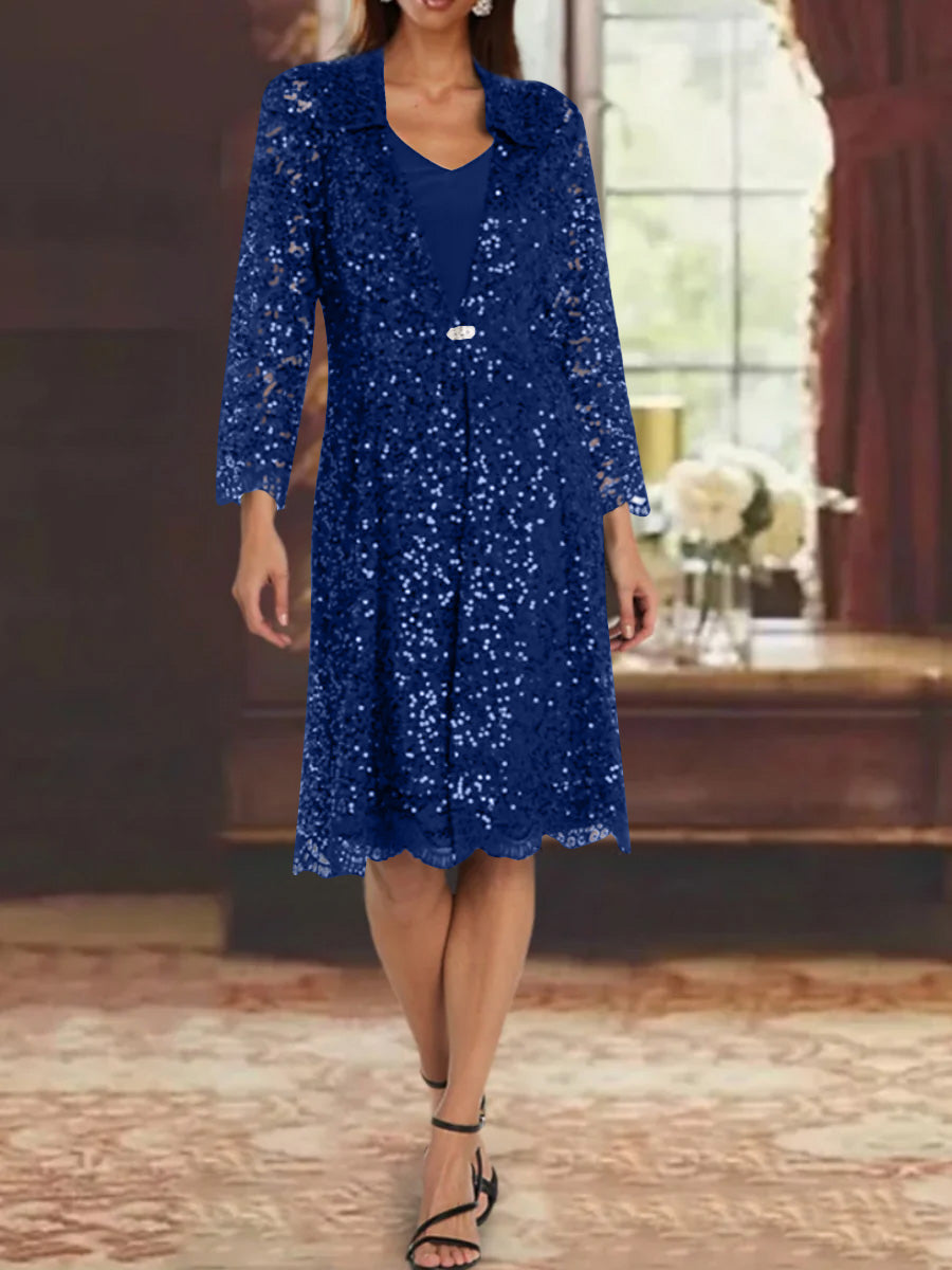 Sheath/Column Chiffon V-Neck Mother of the Bride Dresses with Sequins Jacket Knee-Length Long Sleeves