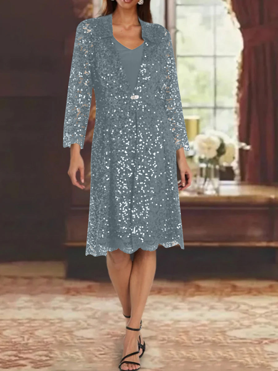 Sheath/Column Chiffon V-Neck Mother of the Bride Dresses with Sequins Jacket Knee-Length Long Sleeves