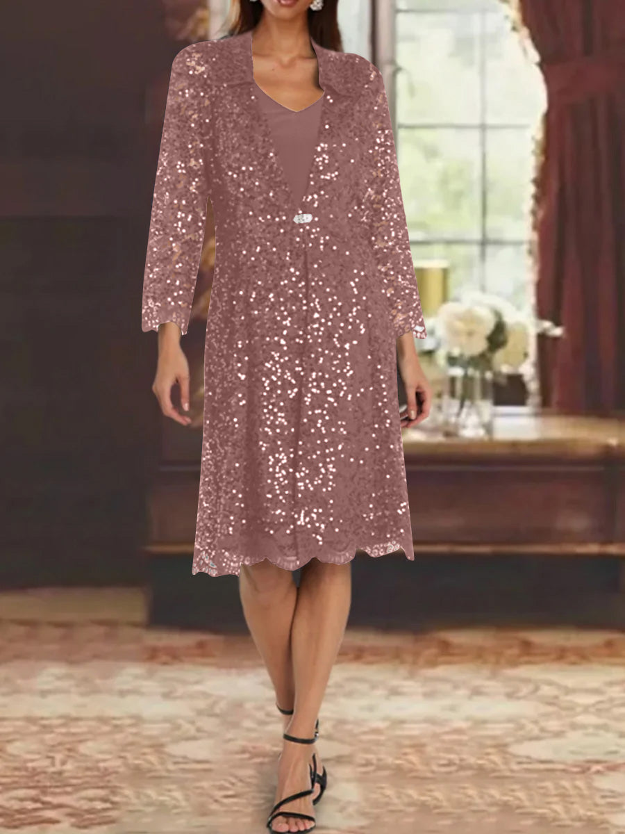 Sheath/Column Chiffon V-Neck Mother of the Bride Dresses with Sequins Jacket Knee-Length Long Sleeves