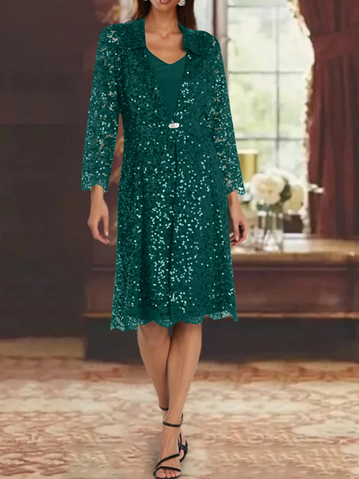Sheath/Column Chiffon V-Neck Mother of the Bride Dresses with Sequins Jacket Knee-Length Long Sleeves