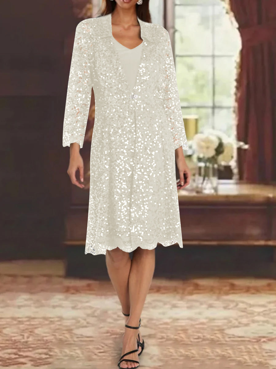 Sheath/Column Chiffon V-Neck Mother of the Bride Dresses with Sequins Jacket Knee-Length Long Sleeves