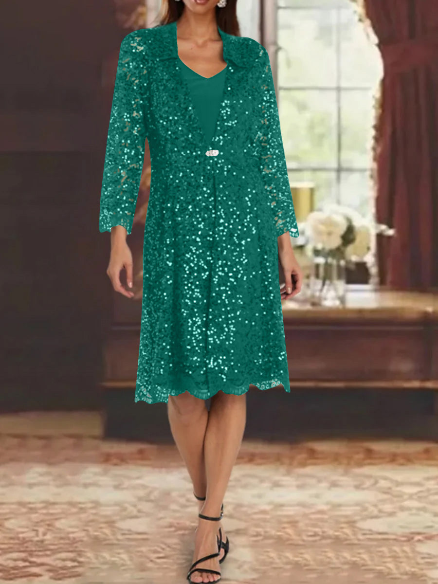 Sheath/Column Chiffon V-Neck Mother of the Bride Dresses with Sequins Jacket Knee-Length Long Sleeves Jade Sheath/Column Chiffon V-Neck Mother of the Bride Dresses with Sequins Jacket Knee-Length Long Sleeves Jade