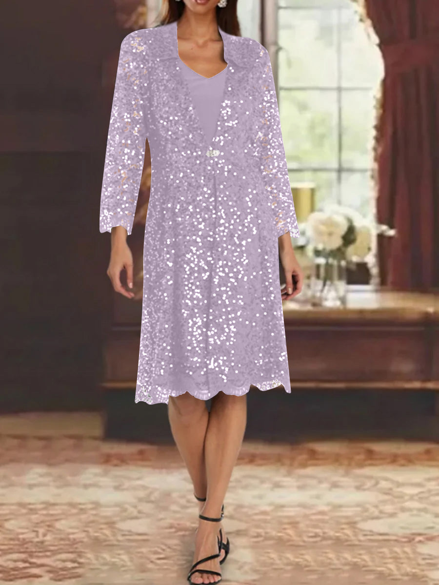 Sheath/Column Chiffon V-Neck Mother of the Bride Dresses with Sequins Jacket Knee-Length Long Sleeves