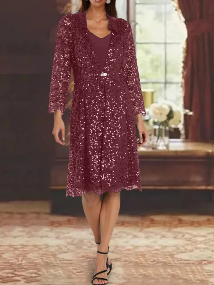 Sheath/Column Chiffon V-Neck Mother of the Bride Dresses with Sequins Jacket Knee-Length Long Sleeves