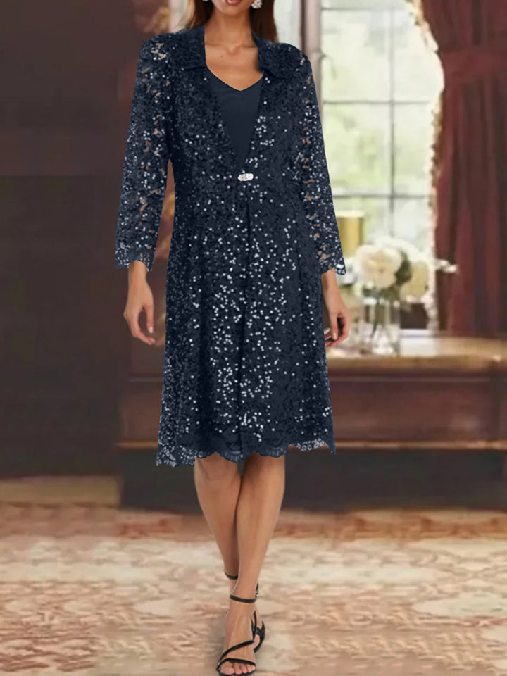 Sheath/Column Chiffon V-Neck Mother of the Bride Dresses with Sequins Jacket Knee-Length Long Sleeves