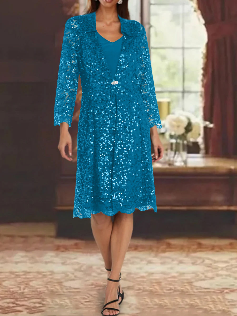 Sheath/Column Chiffon V-Neck Mother of the Bride Dresses with Sequins Jacket Knee-Length Long Sleeves Ocean Blue Sheath/Column Chiffon V-Neck Mother of the Bride Dresses with Sequins Jacket Knee-Length Long Sleeves Ocean Blue