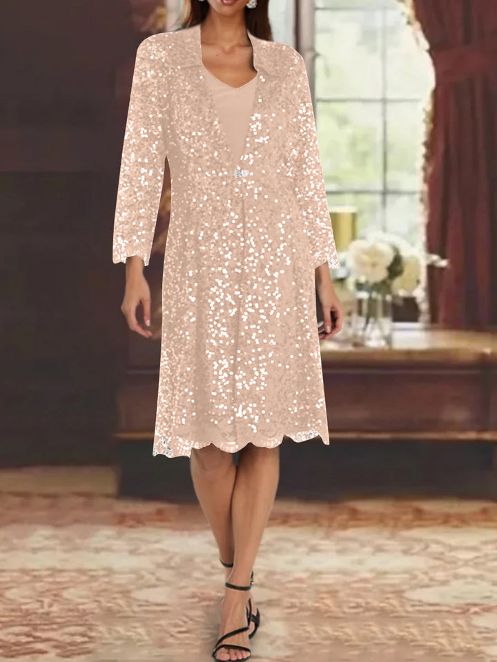 Sheath/Column Chiffon V-Neck Mother of the Bride Dresses with Sequins Jacket Knee-Length Long Sleeves