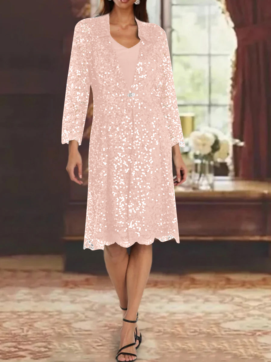 Sheath/Column Chiffon V-Neck Mother of the Bride Dresses with Sequins Jacket Knee-Length Long Sleeves