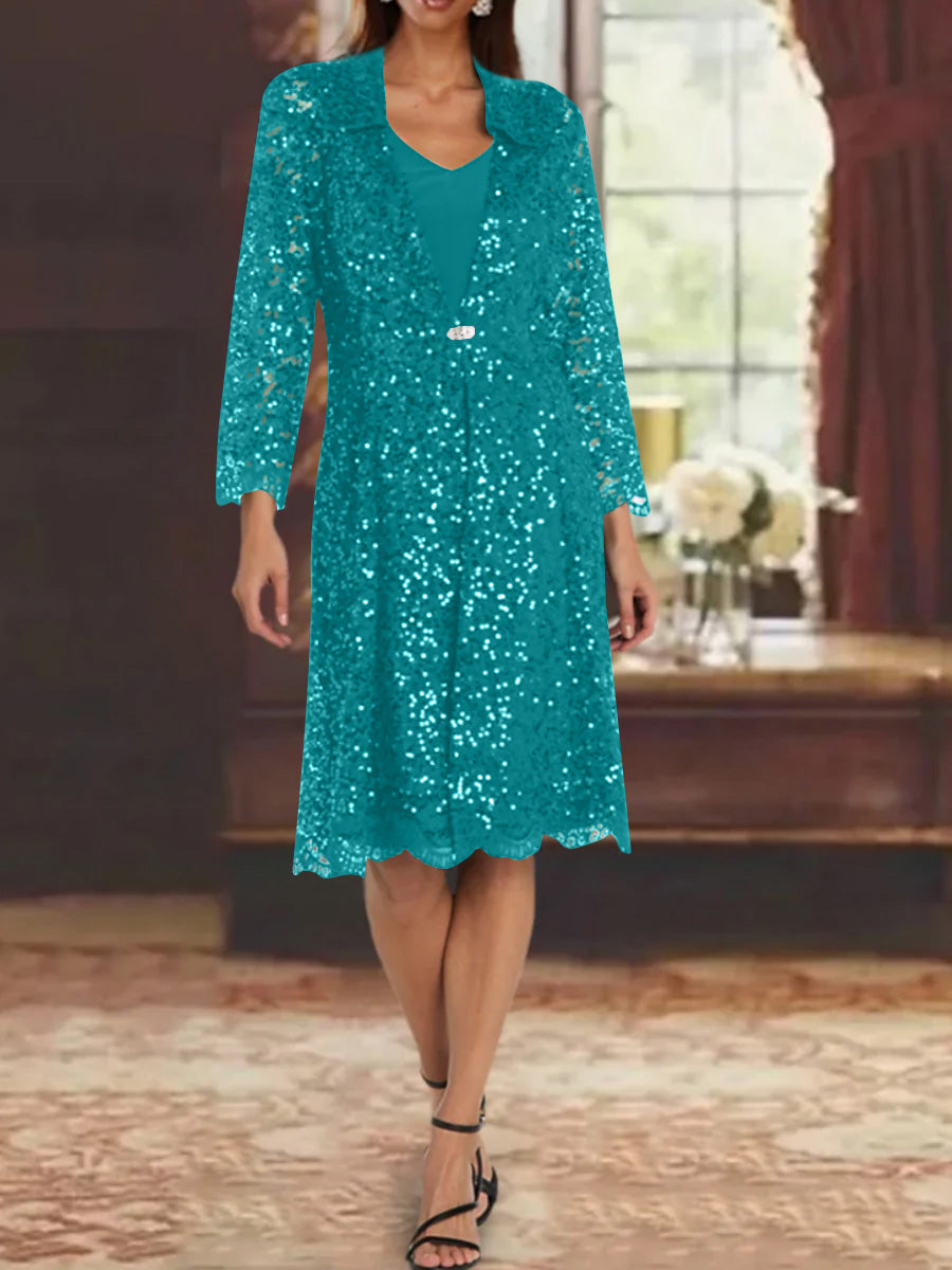 Sheath/Column Chiffon V-Neck Mother of the Bride Dresses with Sequins Jacket Knee-Length Long Sleeves