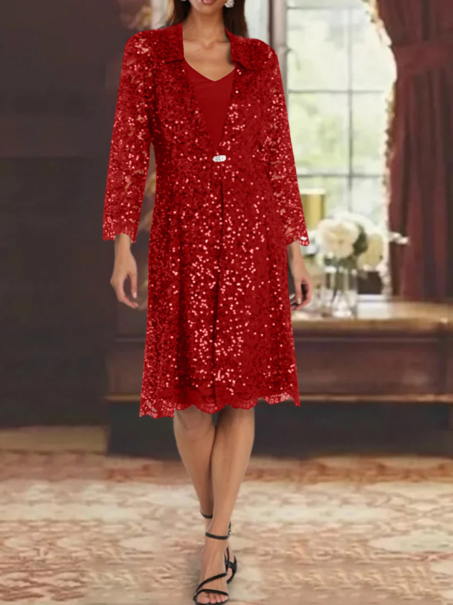 Sheath/Column Chiffon V-Neck Mother of the Bride Dresses with Sequins Jacket Knee-Length Long Sleeves Red Sheath/Column Chiffon V-Neck Mother of the Bride Dresses with Sequins Jacket Knee-Length Long Sleeves Red