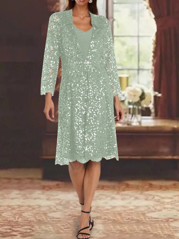 Sheath/Column Chiffon V-Neck Mother of the Bride Dresses with Sequins Jacket Knee-Length Long Sleeves