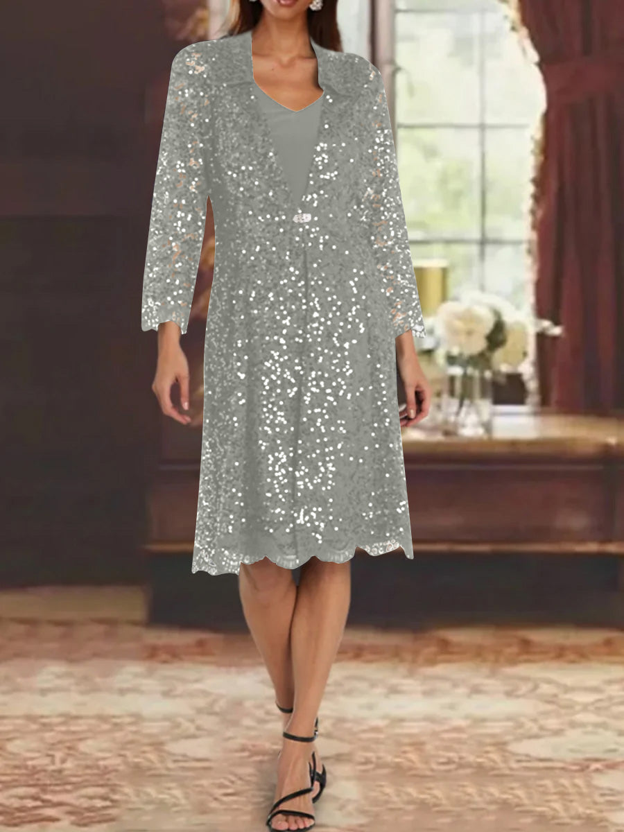 Sheath/Column Chiffon V-Neck Mother of the Bride Dresses with Sequins Jacket Knee-Length Long Sleeves