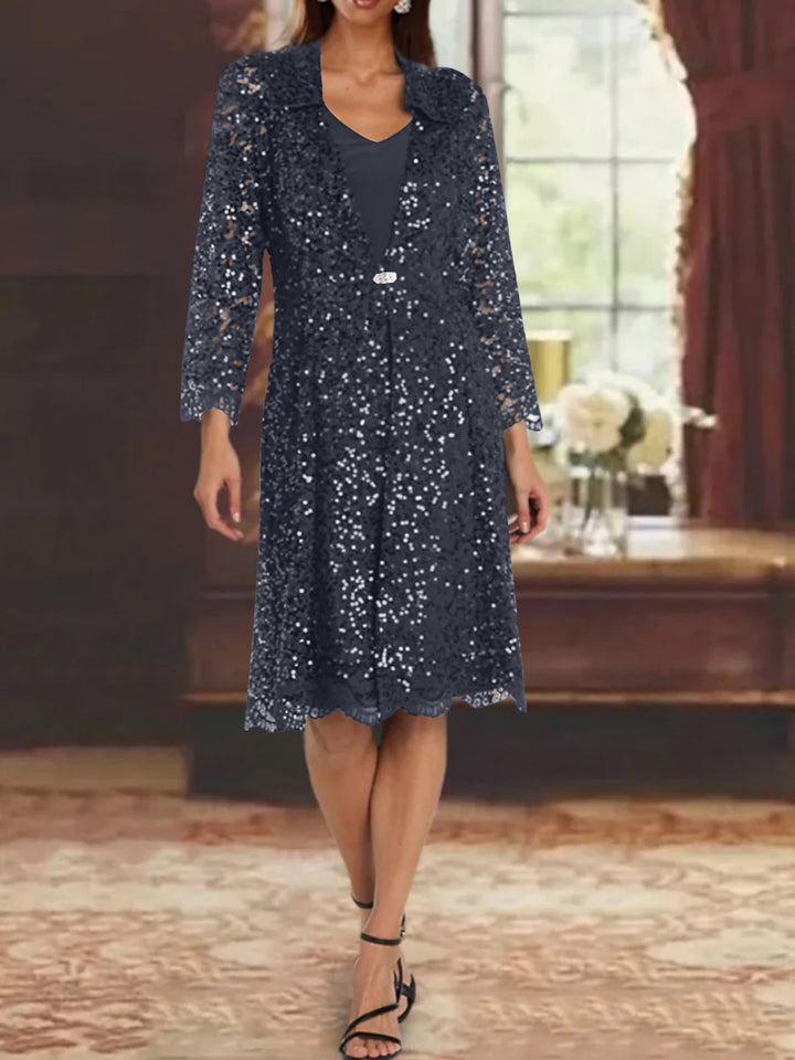 Sheath/Column Chiffon V-Neck Mother of the Bride Dresses with Sequins Jacket Knee-Length Long Sleeves