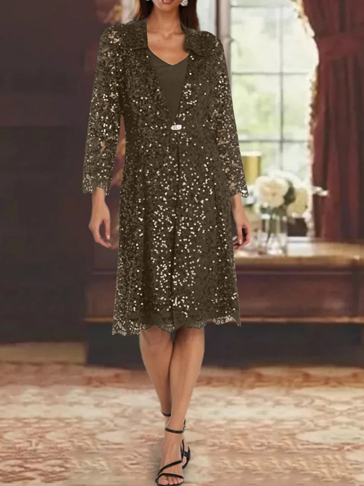 Sheath/Column Chiffon V-Neck Mother of the Bride Dresses with Sequins Jacket Knee-Length Long Sleeves