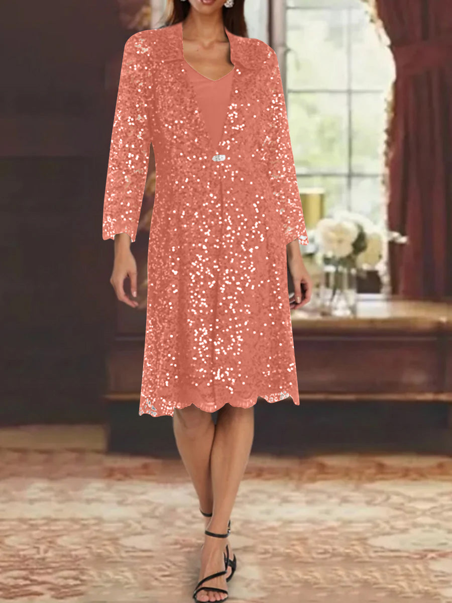 Sheath/Column Chiffon V-Neck Mother of the Bride Dresses with Sequins Jacket Knee-Length Long Sleeves
